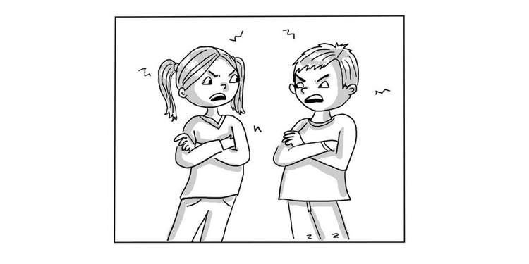 drawing of two angry children facing eachother with their arms crossed