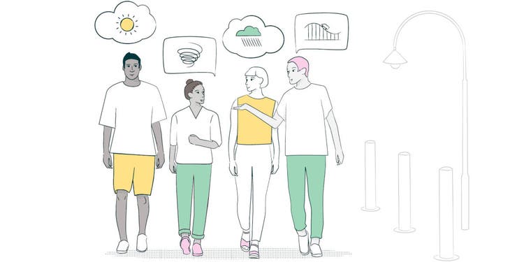 drawing of 4 people walking with different thought bubbles