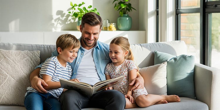 a father and his young son and daughter reading together on a sofa